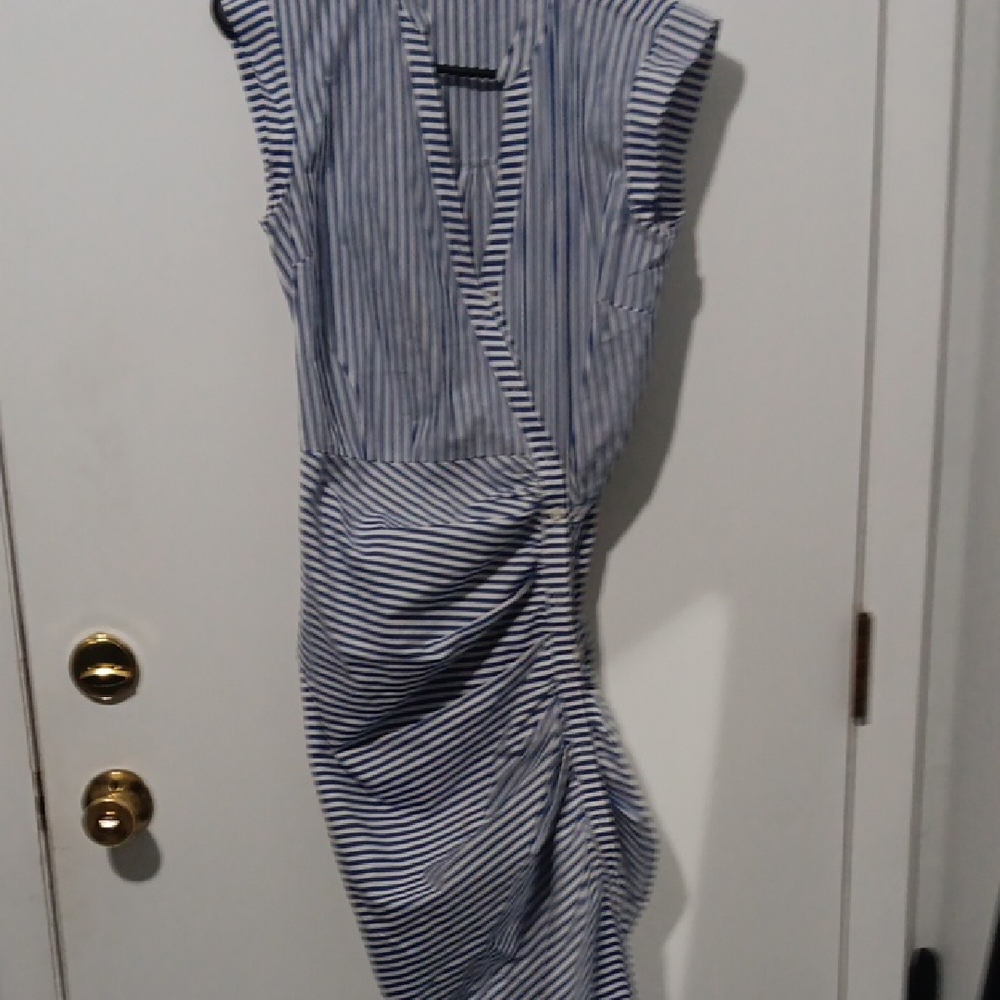 Veronica Beard Blue and White Striped Ruched Midi Dress